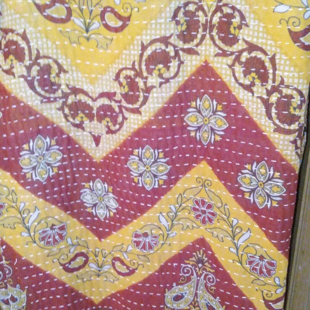 Kantha Quilt Red Marigold Green Black Gray 55